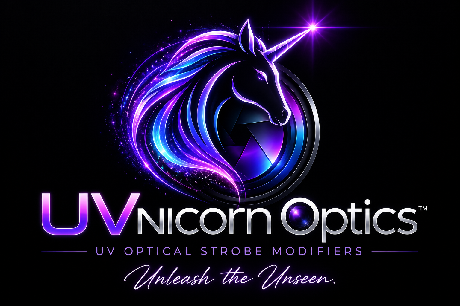 UVnicorn Optics logo with neon unicorn and optical lens